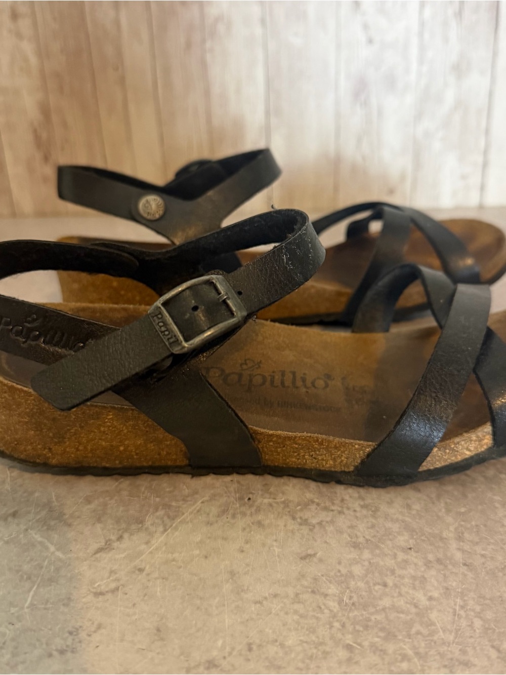 Papillio by Birkenstock Alyssa Low-Wedge Black Leather Ankle-Strap Sandals 8 - Picture 3 of 6